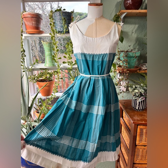 Dresses & Skirts - Vintage Teal Plaid Cotton Tie Shoulder Sundress